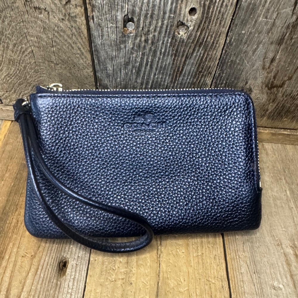 Coach Double Zip Wristlet Midnight Navy Metallic‎ Pebbled Leather Wallet Clutch